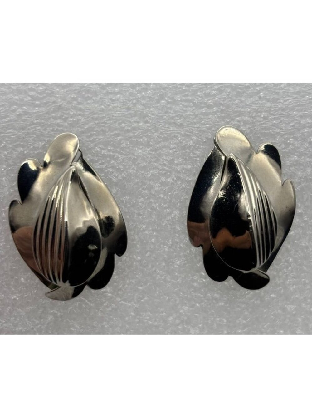 Vintage Marvella Mid Century Sculptural Botanical Silver Tone Clip On Earrings